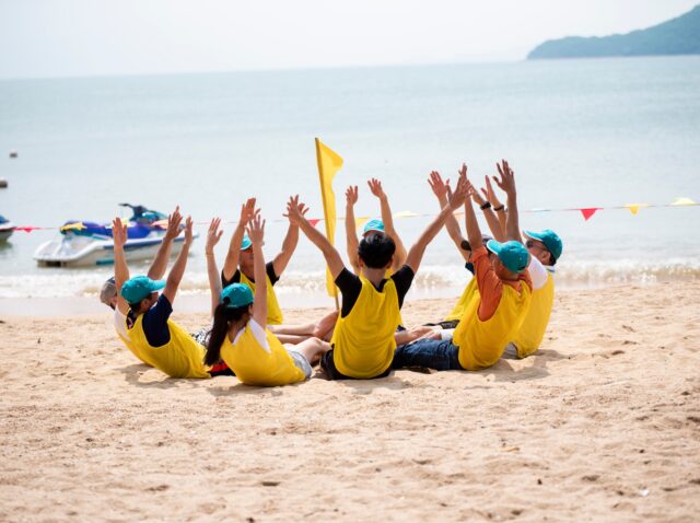 Nha Trang, Vietnam, November 29th 2019: tourists play teambuilding on Hoa Lan island beach, Nha Trang city, Khanh Hoa Province, Viet Nam