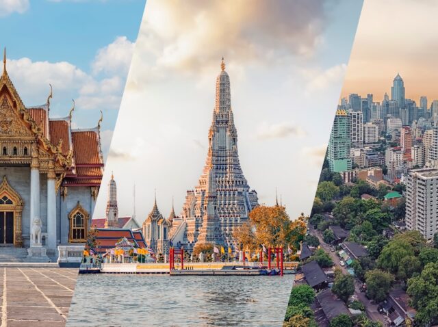 Bangkok city famous landmarks collage.