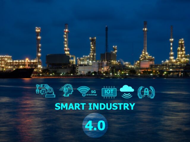 SMART INDUSTRY 4.0 text and icons on blurred oil refinery background.Industry 4.0 concept